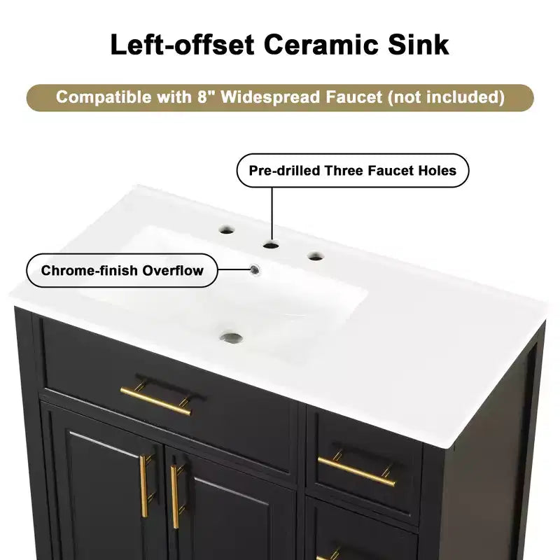 Meuble lavabo Bellemave 36 pouces avec évier, meuble de salle de bain noir avec tiroirs, armoire de salle de bain noire avec poignées dorées