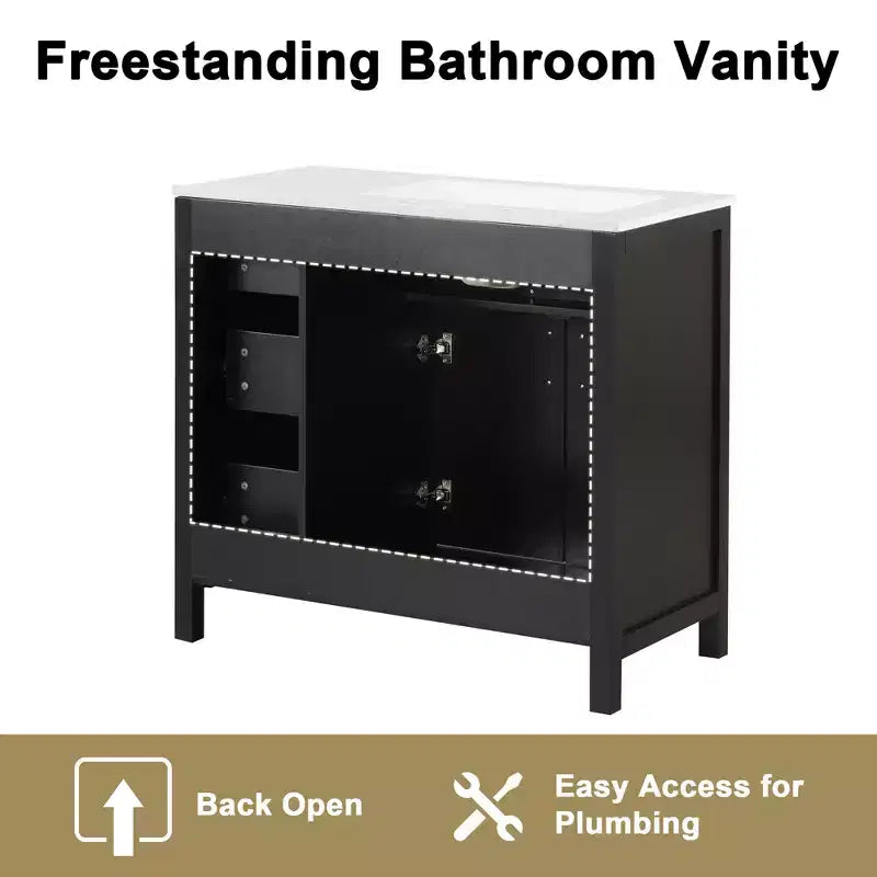 Meuble lavabo Bellemave 36 pouces avec évier, meuble de salle de bain noir avec tiroirs, armoire de salle de bain noire avec poignées dorées