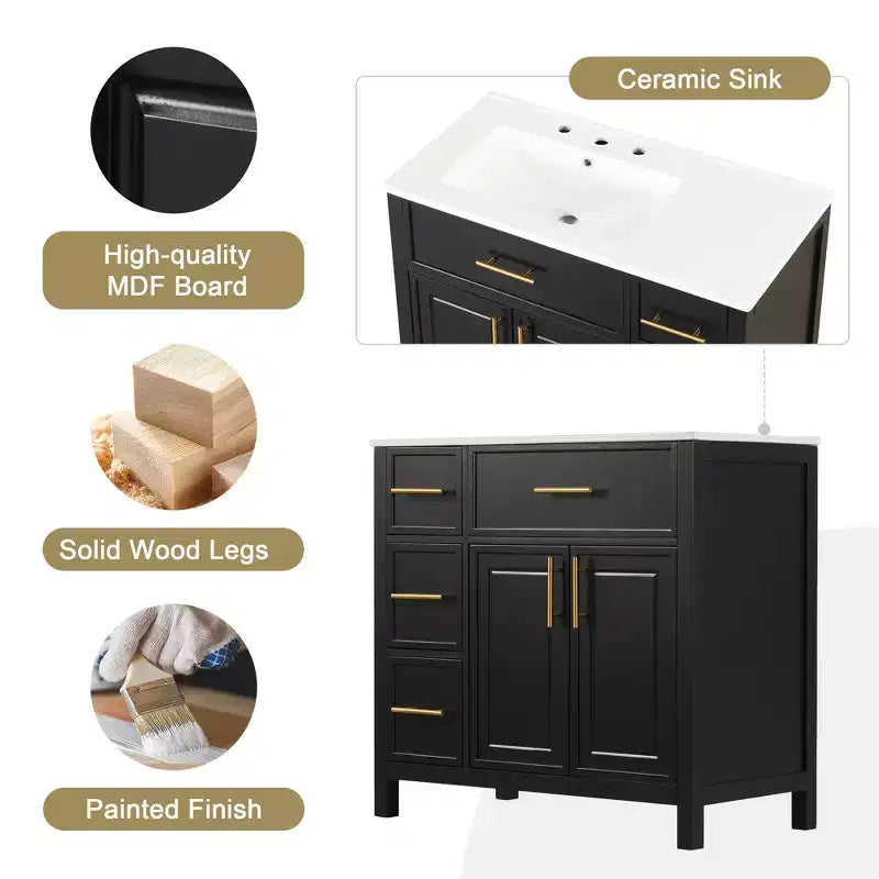 Meuble lavabo Bellemave 36 pouces avec évier, meuble de salle de bain noir avec tiroirs, armoire de salle de bain noire avec poignées dorées