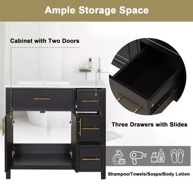 Meuble lavabo Bellemave 36 pouces avec évier, meuble de salle de bain noir avec tiroirs, armoire de salle de bain noire avec poignées dorées