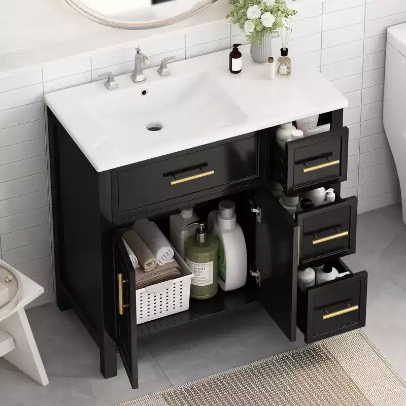 Meuble lavabo Bellemave 36 pouces avec évier, meuble de salle de bain noir avec tiroirs, armoire de salle de bain noire avec poignées dorées
