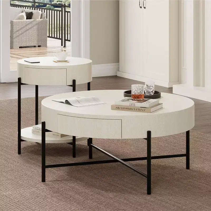 Table basse ronde vintage avec tiroir, table d'appoint de rangement en bois de 81 cm au design rétro de ferme pour salon