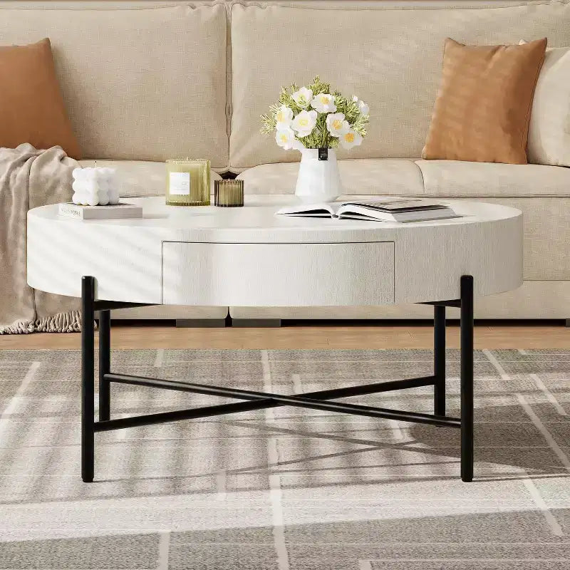 Table basse ronde vintage avec tiroir, table d'appoint de rangement en bois de 81 cm au design rétro de ferme pour salon