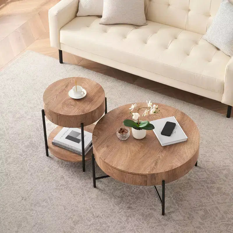 Table basse ronde vintage avec tiroir, table d'appoint de rangement en bois de 81 cm au design rétro de ferme pour salon