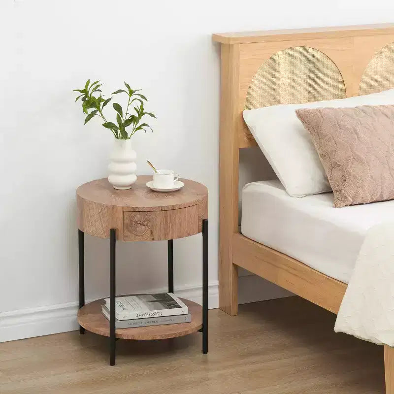 Table basse ronde vintage avec tiroir, table d'appoint de rangement en bois de 81 cm au design rétro de ferme pour salon