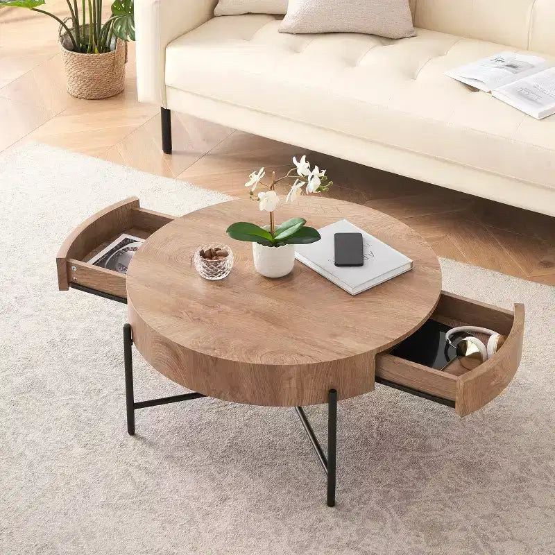 Coffee Table Vintage Round with Drawer, 31.9 Inch Wooden Storage Center Table with Retro Farmhouse Design for Living Room