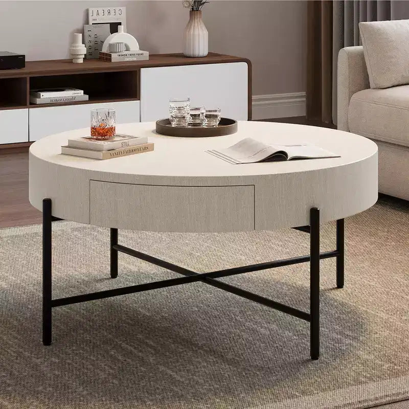 Table basse ronde vintage avec tiroir, table d'appoint de rangement en bois de 81 cm au design rétro de ferme pour salon