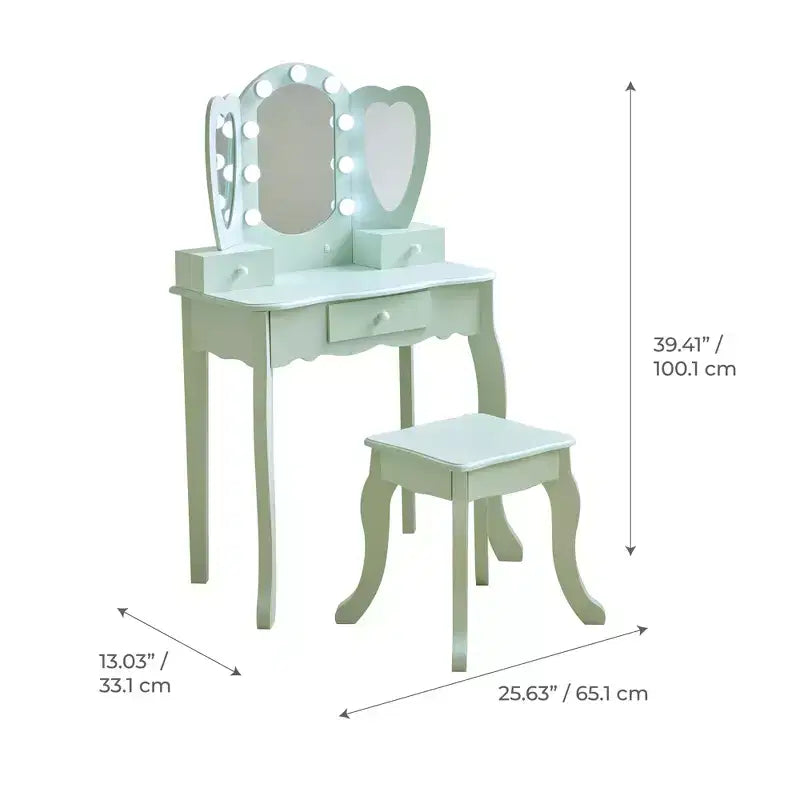 Coiffeuse pour enfants en bois Teamson Kids Heart Glow avec miroir et tabouret à LED