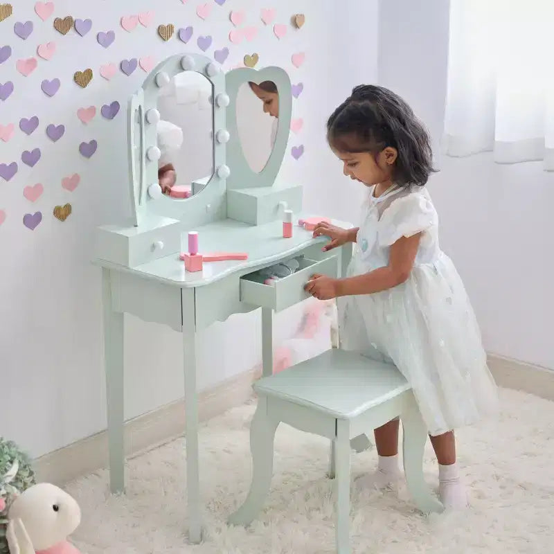 Coiffeuse pour enfants en bois Teamson Kids Heart Glow avec miroir et tabouret à LED