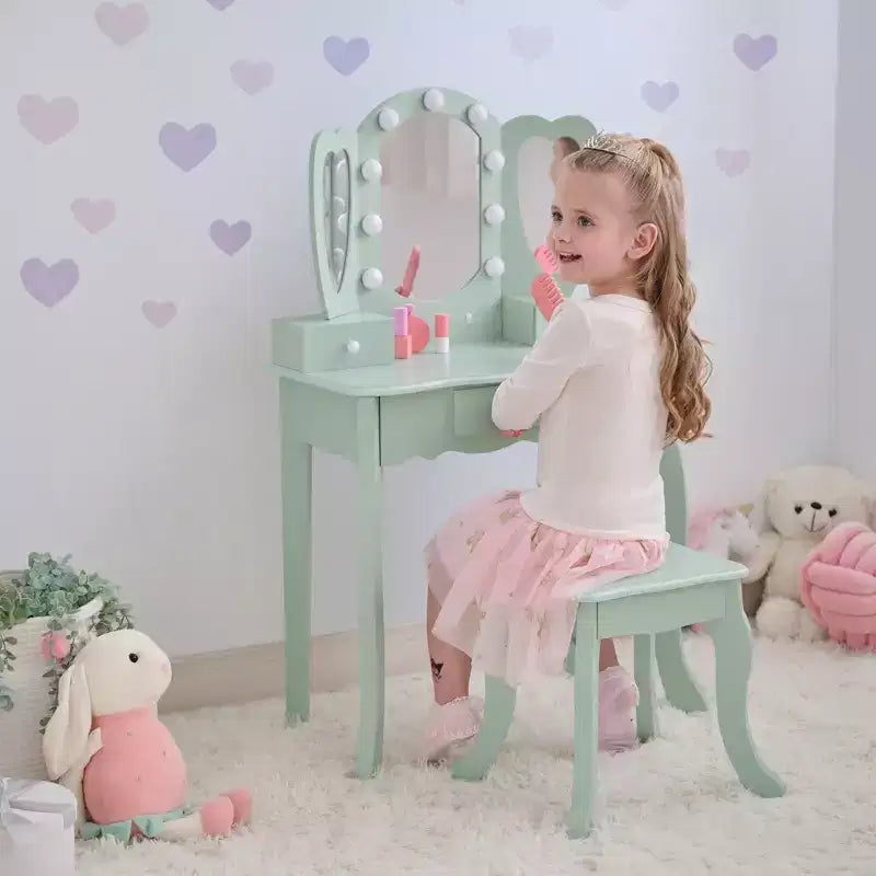 Coiffeuse pour enfants en bois Teamson Kids Heart Glow avec miroir et tabouret à LED