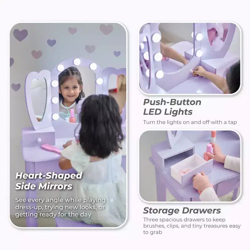 Coiffeuse pour enfants en bois Teamson Kids Heart Glow avec miroir et tabouret à LED