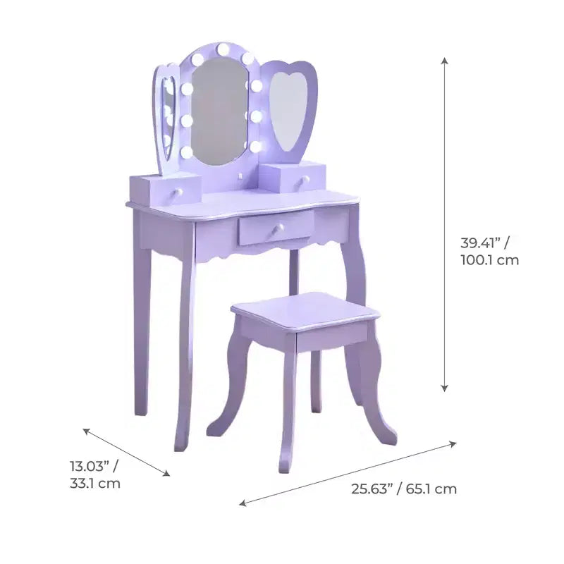 Coiffeuse pour enfants en bois Teamson Kids Heart Glow avec miroir et tabouret à LED