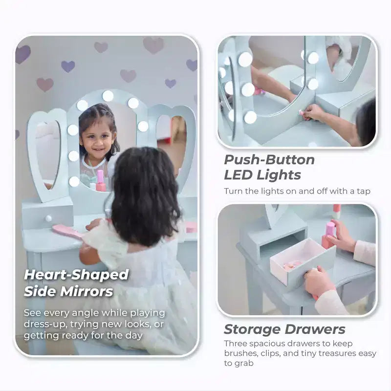 Coiffeuse pour enfants en bois Teamson Kids Heart Glow avec miroir et tabouret à LED