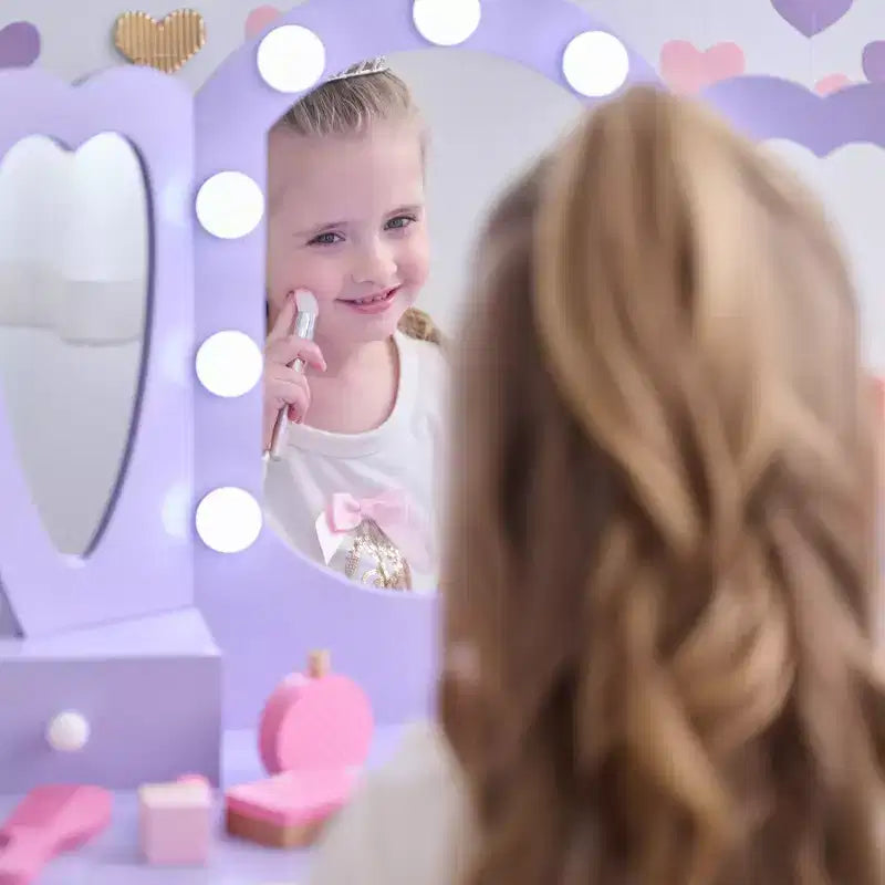 Coiffeuse pour enfants en bois Teamson Kids Heart Glow avec miroir et tabouret à LED