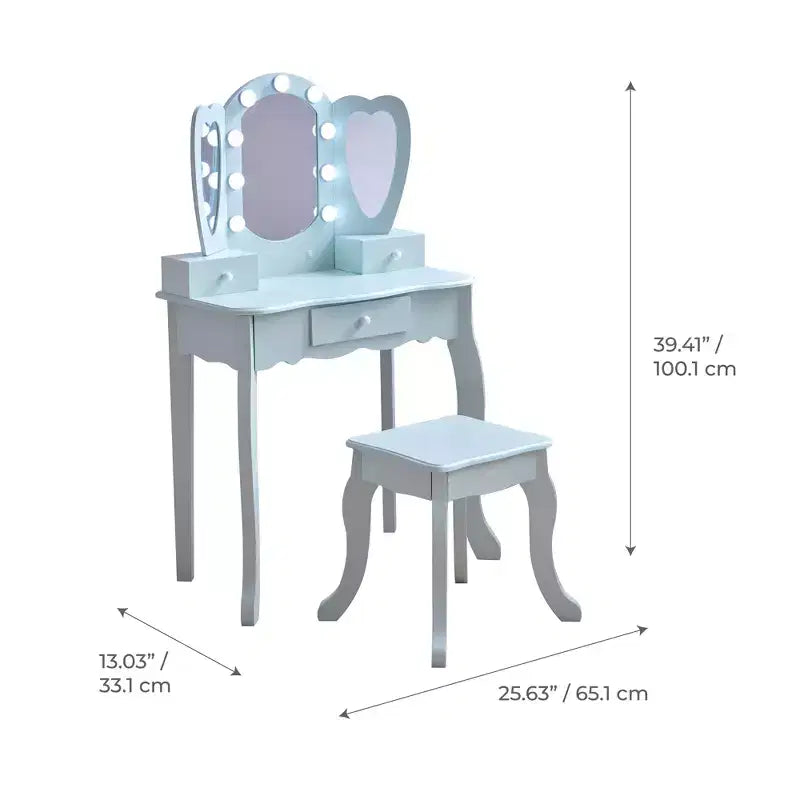 Coiffeuse pour enfants en bois Teamson Kids Heart Glow avec miroir et tabouret à LED