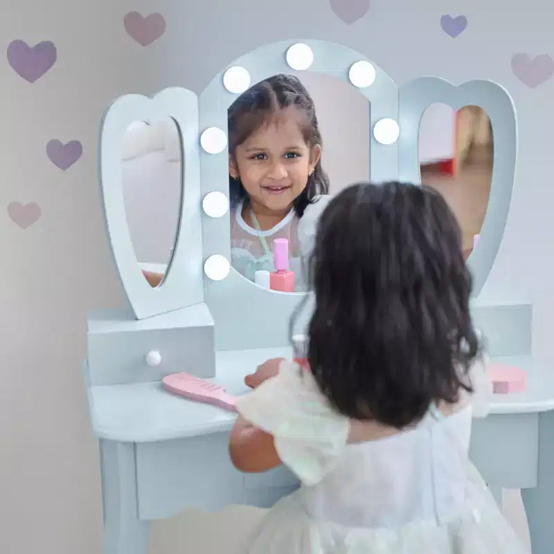 Coiffeuse pour enfants en bois Teamson Kids Heart Glow avec miroir et tabouret à LED