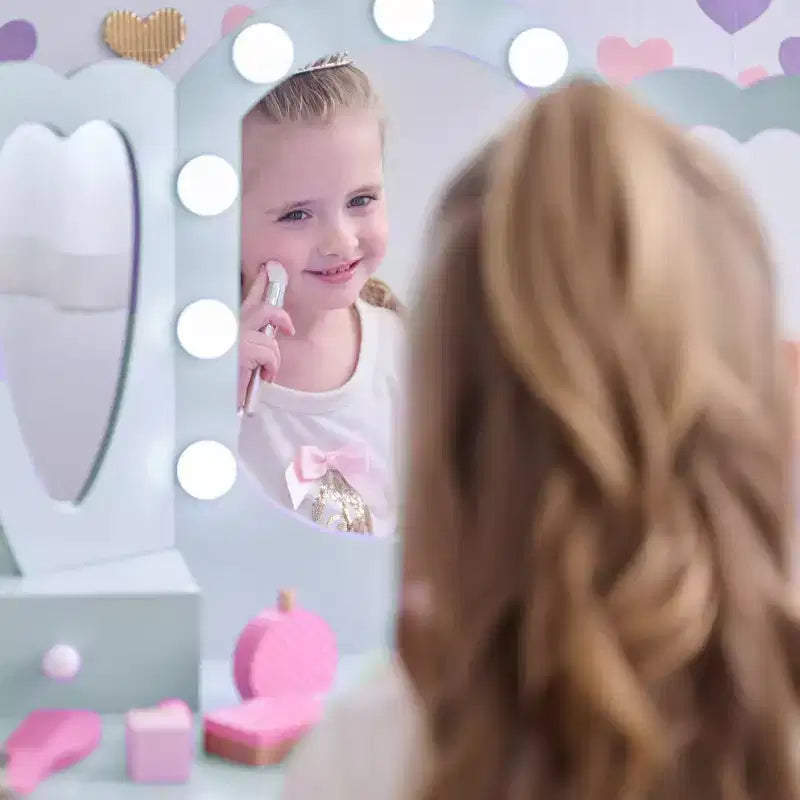 Coiffeuse pour enfants en bois Teamson Kids Heart Glow avec miroir et tabouret à LED