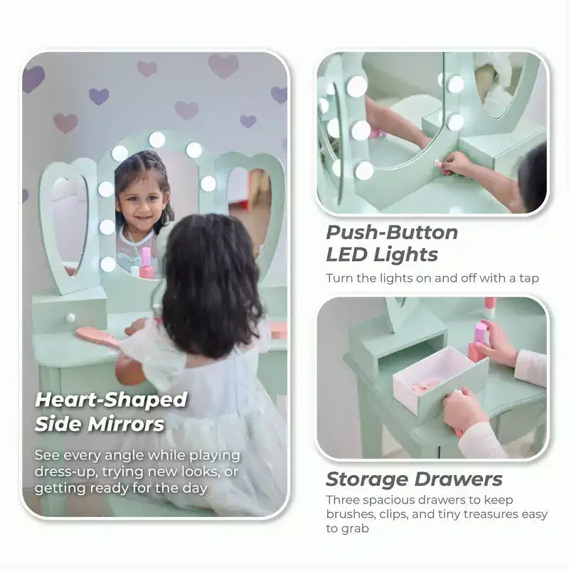 Coiffeuse pour enfants en bois Teamson Kids Heart Glow avec miroir et tabouret à LED