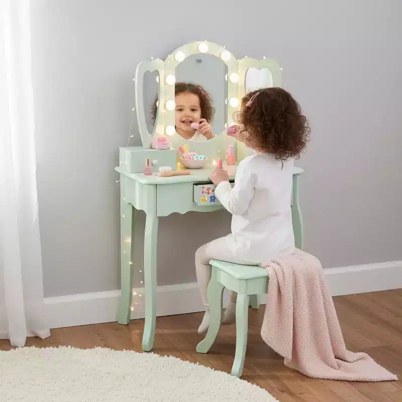 Coiffeuse pour enfants en bois Teamson Kids Heart Glow avec miroir et tabouret à LED