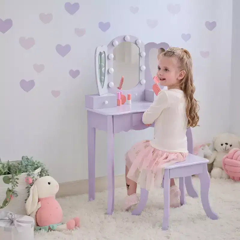 Coiffeuse pour enfants en bois Teamson Kids Heart Glow avec miroir et tabouret à LED