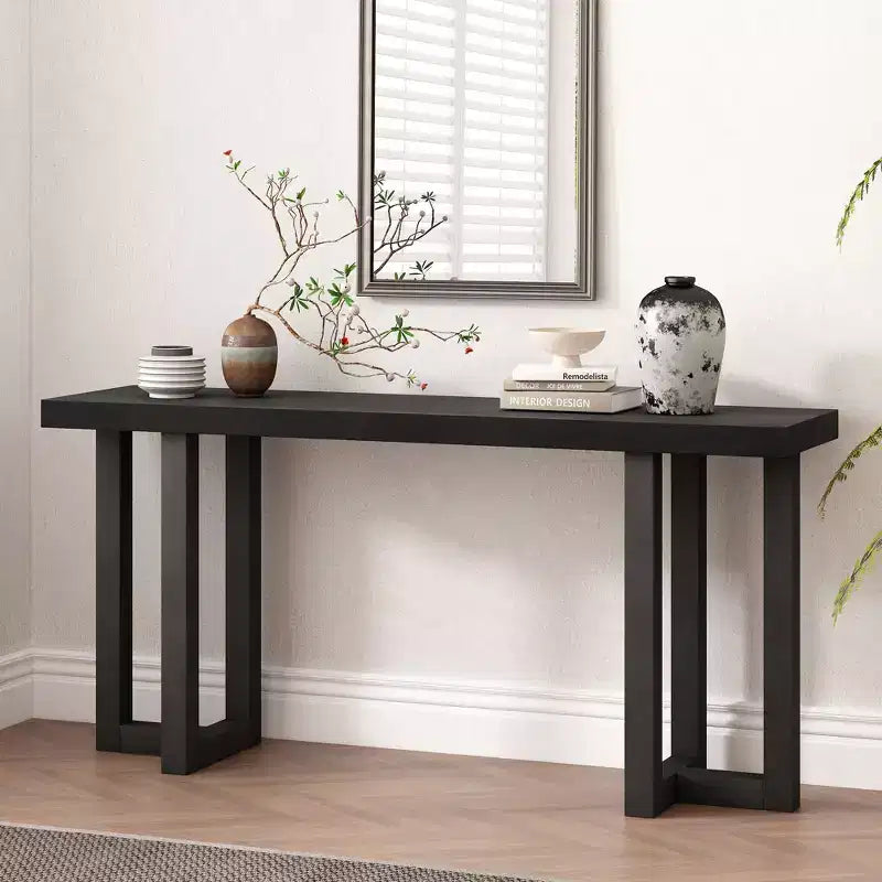 Console moderne Okak 63 po avec pieds en bois massif, table d'entrée élégante avec plateau épais, table de couloir pour salon, chambre à coucher