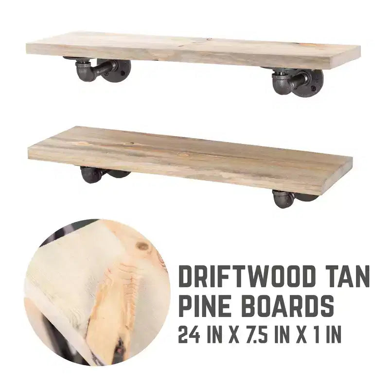 Étagères RESTORE en pin teinté Driftwood 24 po avec consoles en L par Pipe Decor