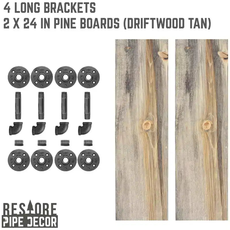 Étagères RESTORE en pin teinté Driftwood 24 po avec consoles en L par Pipe Decor