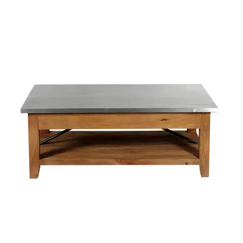 Table basse de 122 cm avec étagère inférieure, style industriel moderne avec plateau en métal zinc argenté et accents en bois