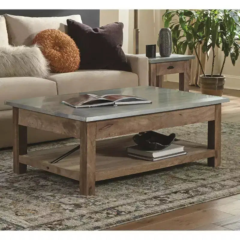 Table basse de 122 cm avec étagère inférieure, style industriel moderne avec plateau en métal zinc argenté et accents en bois