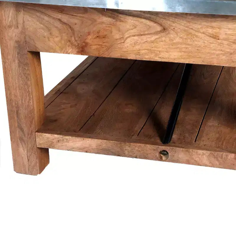 Table basse de 122 cm avec étagère inférieure, style industriel moderne avec plateau en métal zinc argenté et accents en bois
