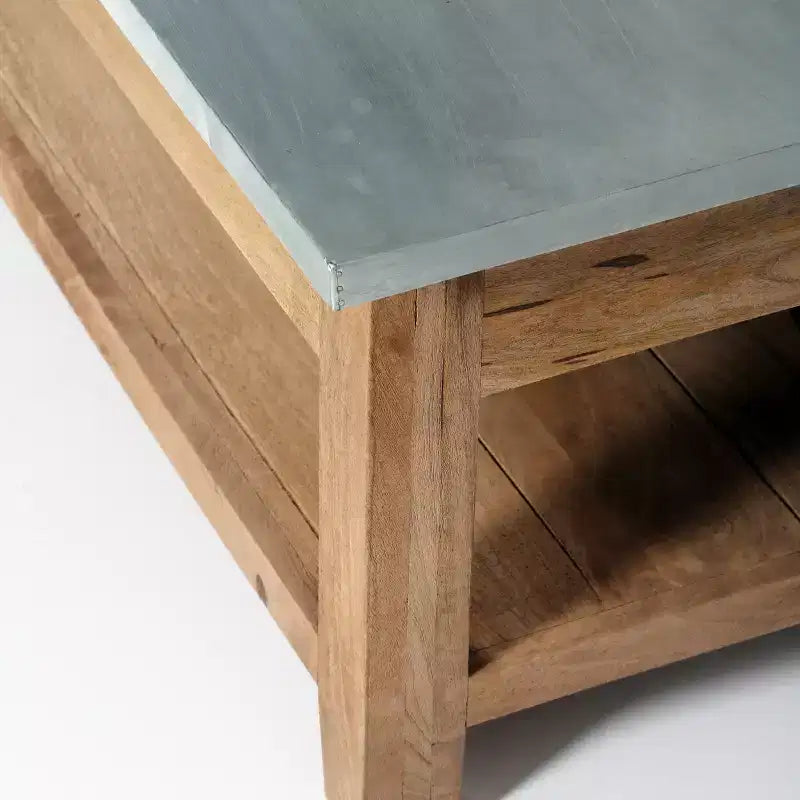 Table basse de 122 cm avec étagère inférieure, style industriel moderne avec plateau en métal zinc argenté et accents en bois