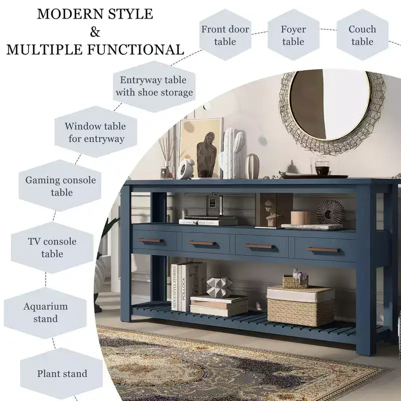 Console étroite Okak 62,2 po avec 2 étagères, table d'entrée avec 4 tiroirs et poignées métalliques, table d'appoint pour entrée, salon
