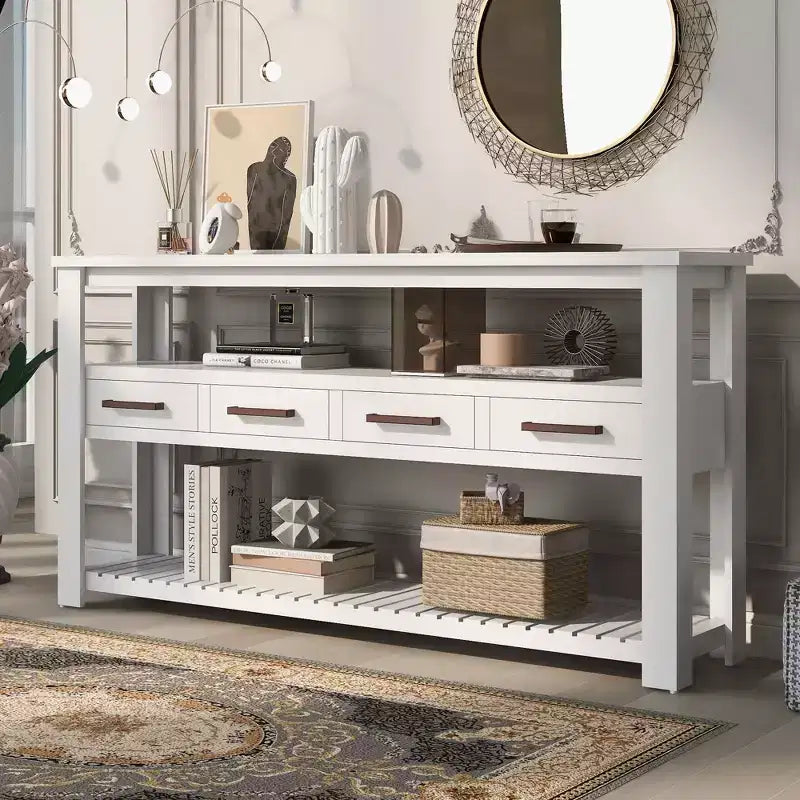Console étroite Okak 62,2 po avec 2 étagères, table d'entrée avec 4 tiroirs et poignées métalliques, table d'appoint pour entrée, salon