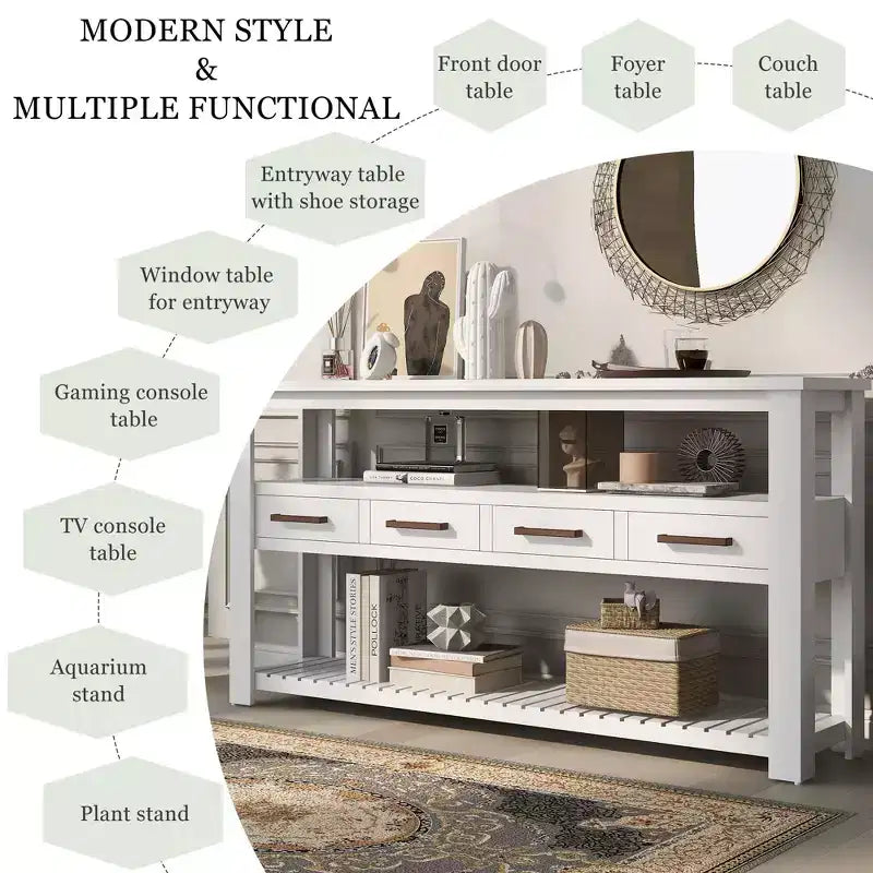 Console étroite Okak 62,2 po avec 2 étagères, table d'entrée avec 4 tiroirs et poignées métalliques, table d'appoint pour entrée, salon