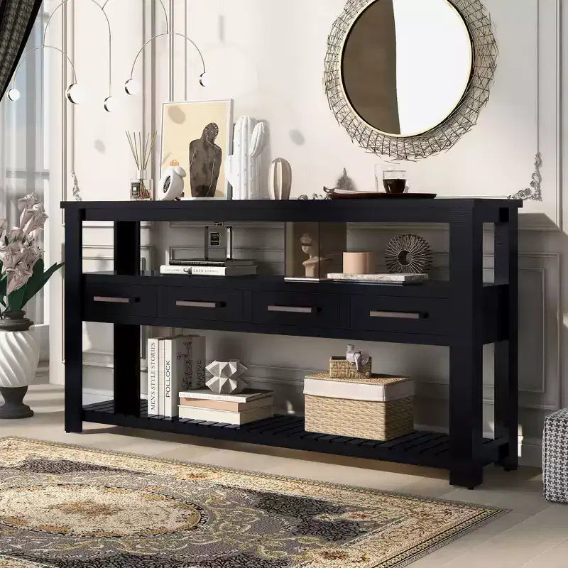 Console étroite Okak 62,2 po avec 2 étagères, table d'entrée avec 4 tiroirs et poignées métalliques, table d'appoint pour entrée, salon