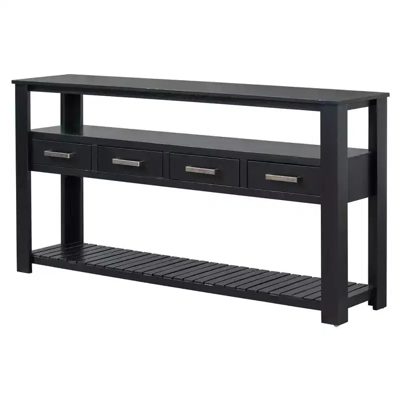 Console étroite Okak 62,2 po avec 2 étagères, table d'entrée avec 4 tiroirs et poignées métalliques, table d'appoint pour entrée, salon