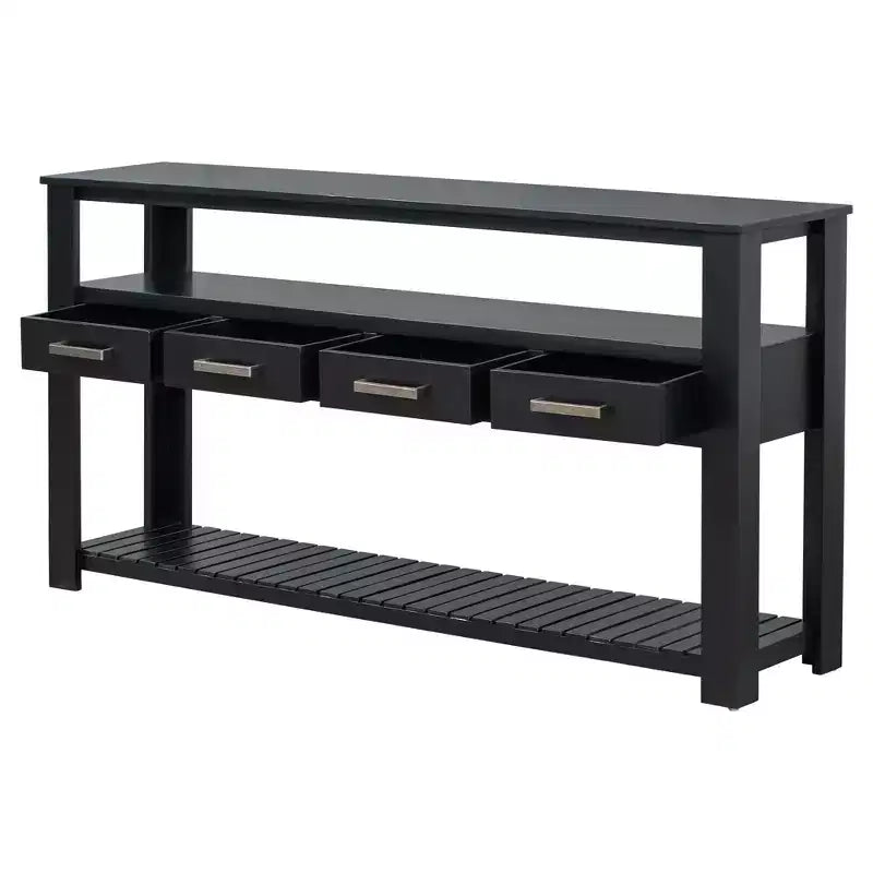 Console étroite Okak 62,2 po avec 2 étagères, table d'entrée avec 4 tiroirs et poignées métalliques, table d'appoint pour entrée, salon