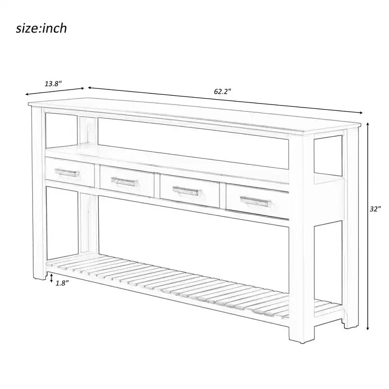 Console étroite Okak 62,2 po avec 2 étagères, table d'entrée avec 4 tiroirs et poignées métalliques, table d'appoint pour entrée, salon