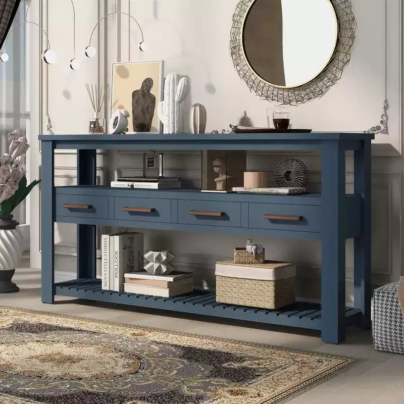 Console étroite Okak 62,2 po avec 2 étagères, table d'entrée avec 4 tiroirs et poignées métalliques, table d'appoint pour entrée, salon