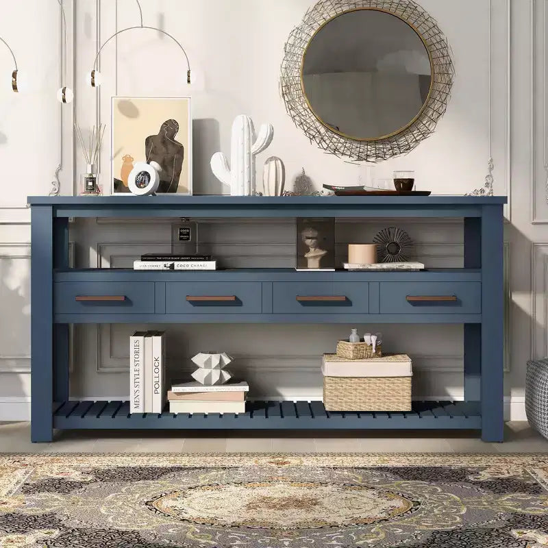 Console étroite Okak 62,2 po avec 2 étagères, table d'entrée avec 4 tiroirs et poignées métalliques, table d'appoint pour entrée, salon