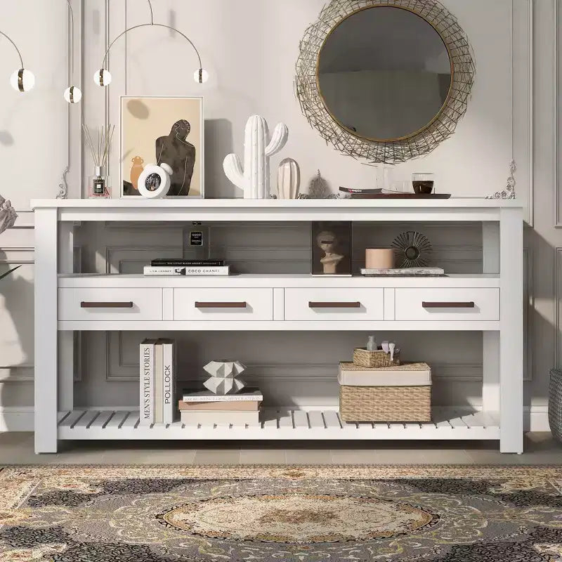 Console étroite Okak 62,2 po avec 2 étagères, table d'entrée avec 4 tiroirs et poignées métalliques, table d'appoint pour entrée, salon
