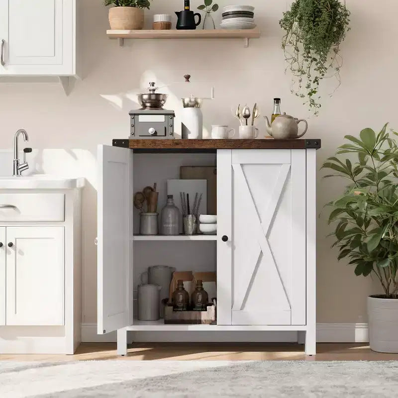 Buffet de ferme avec rangement, Armoire de cuisine avec étagères réglables et 2 portes coulissantes, Meuble de rangement moderne en bois pour salle à manger