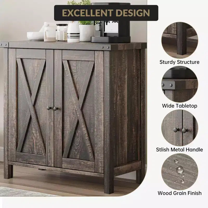 Buffet de ferme avec rangement, Armoire de cuisine avec étagères réglables et 2 portes coulissantes, Meuble de rangement moderne en bois pour salle à manger