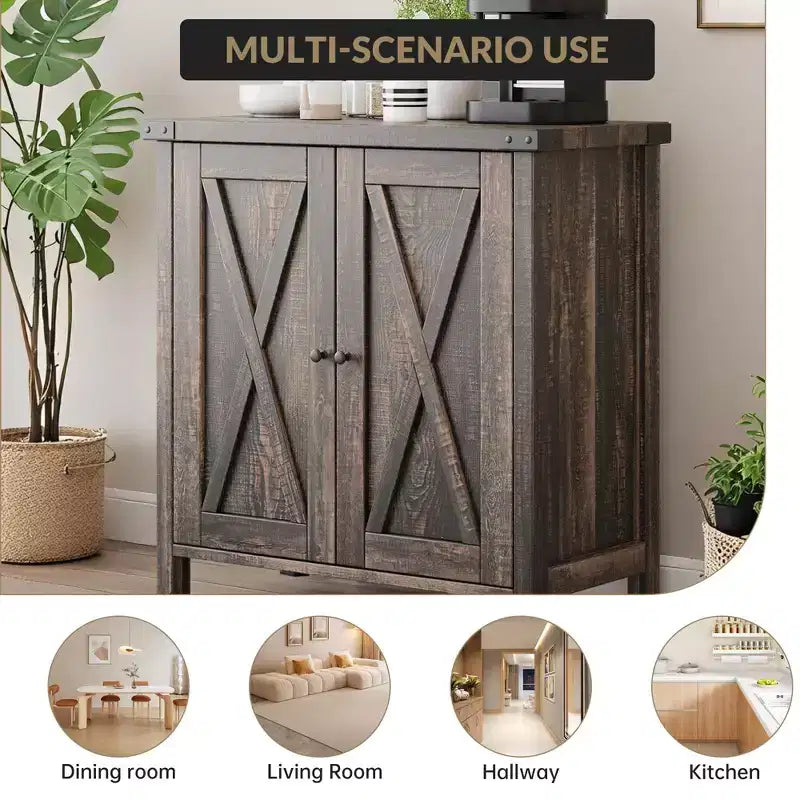 Buffet de ferme avec rangement, Armoire de cuisine avec étagères réglables et 2 portes coulissantes, Meuble de rangement moderne en bois pour salle à manger