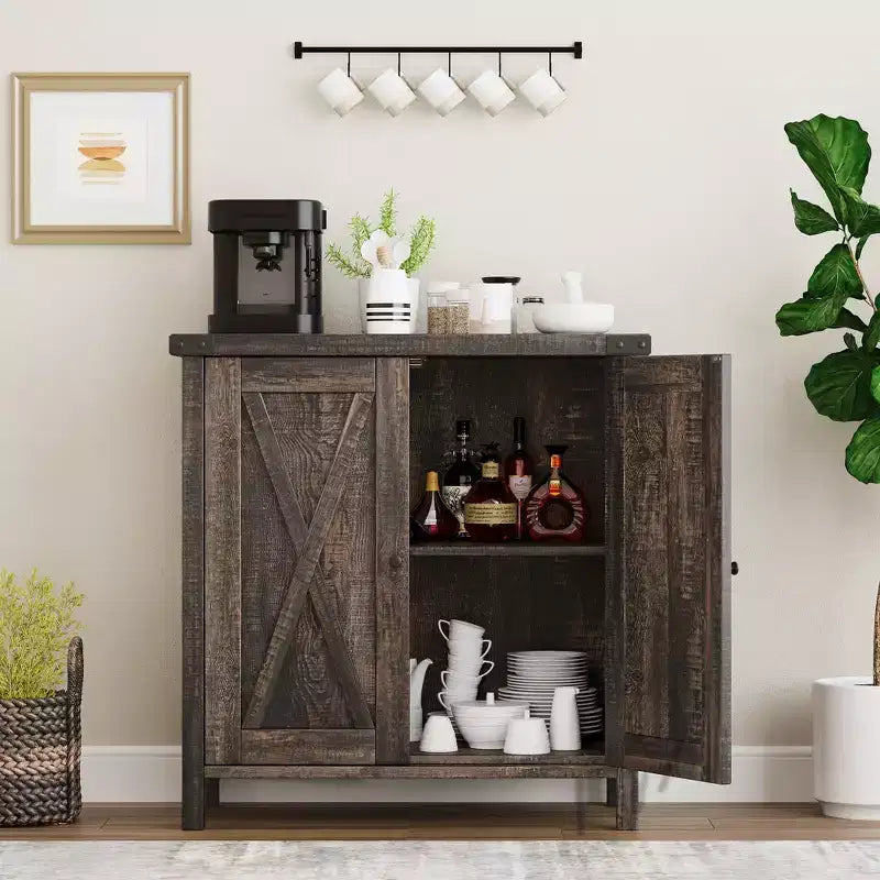 Buffet de ferme avec rangement, Armoire de cuisine avec étagères réglables et 2 portes coulissantes, Meuble de rangement moderne en bois pour salle à manger