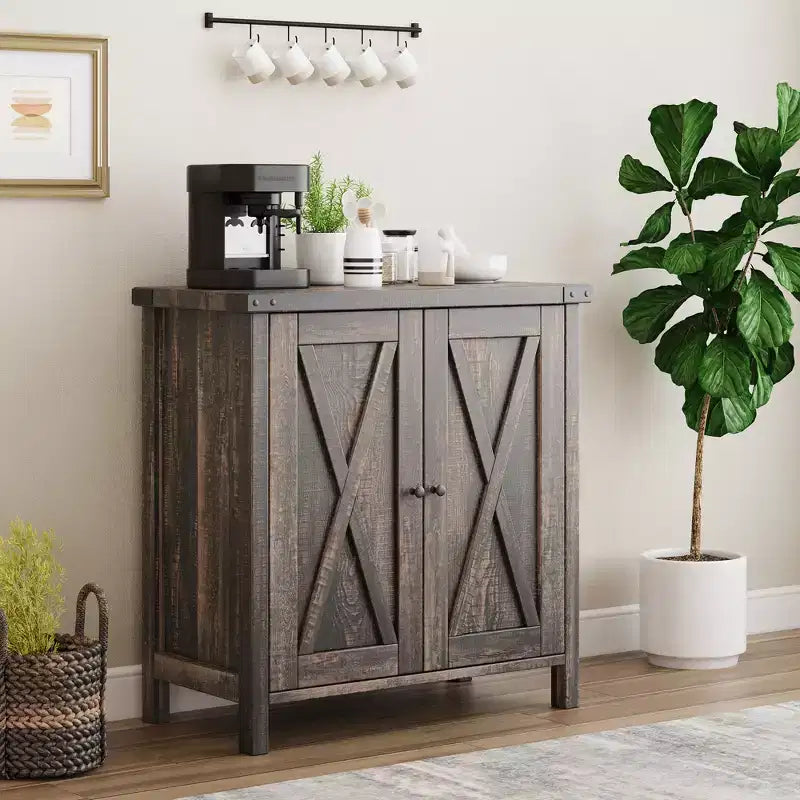 Buffet de ferme avec rangement, Armoire de cuisine avec étagères réglables et 2 portes coulissantes, Meuble de rangement moderne en bois pour salle à manger