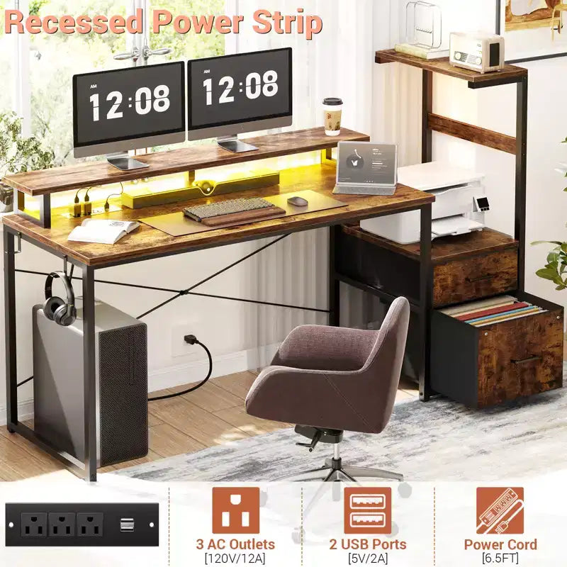 Besiost Bureau d'ordinateur 60 pouces avec tiroirs en tissu et station de charge
