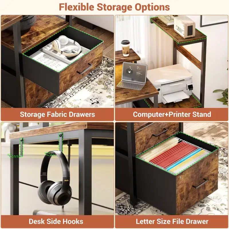 Besiost Bureau d'ordinateur 60 pouces avec tiroirs en tissu et station de charge