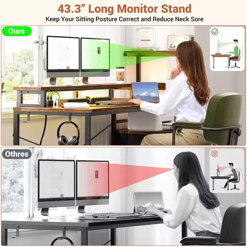 Besiost Bureau d'ordinateur 60 pouces avec tiroirs en tissu et station de charge