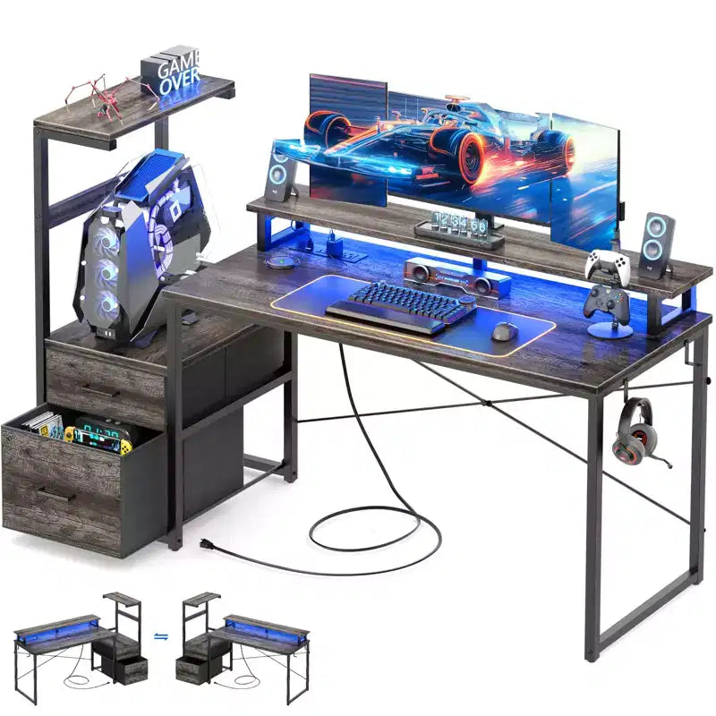 Besiost Bureau d'ordinateur 60 pouces avec tiroirs en tissu et station de charge